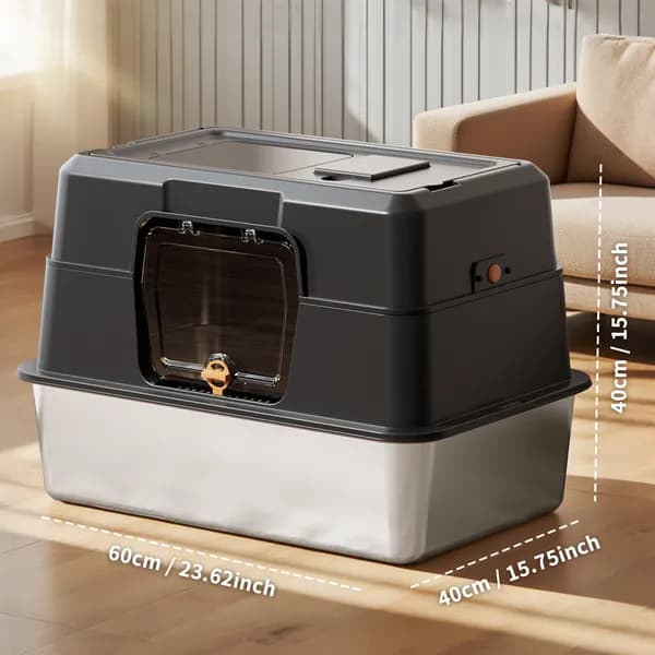 Thick Stainless Steel Fully Enclosed Black Cat Toilet, Sturdy, Bite Proof, Leak Proof, Providing Greater Comfort For Cats In Large Spaces