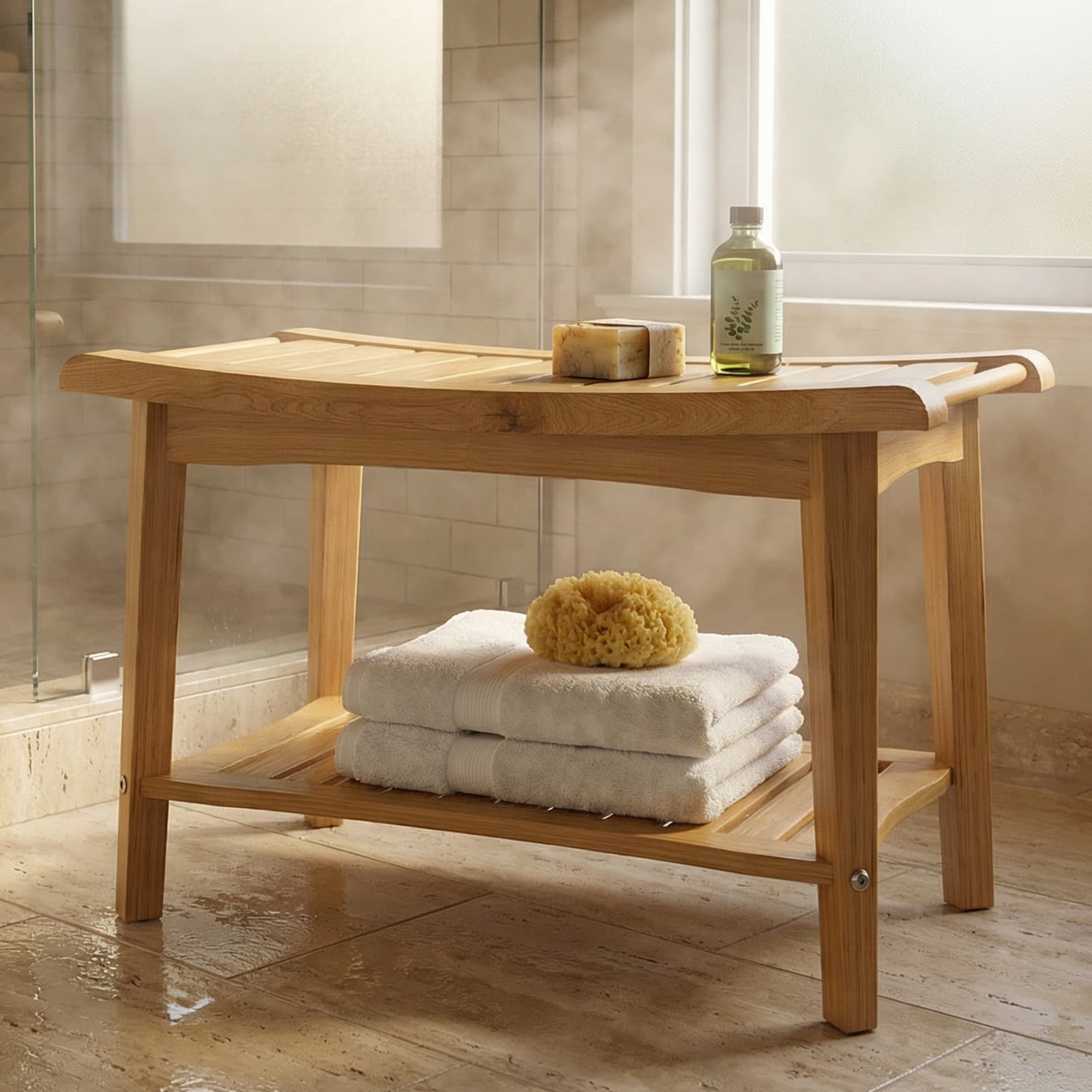 Shower Bench Wood Water Proof Ergonomic Shower Stool With Storage Shelf For Bathroom Spa Wood Color