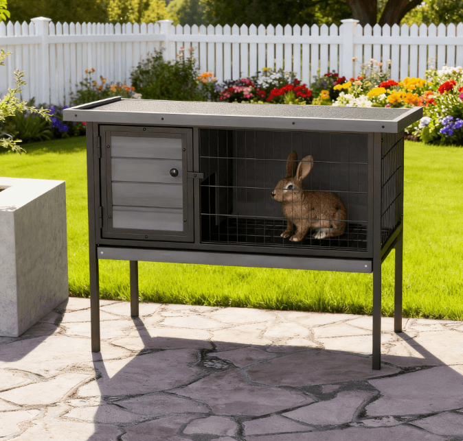 Wooden Rabbit Hutch Elevated With No Leak Tray, Gray
