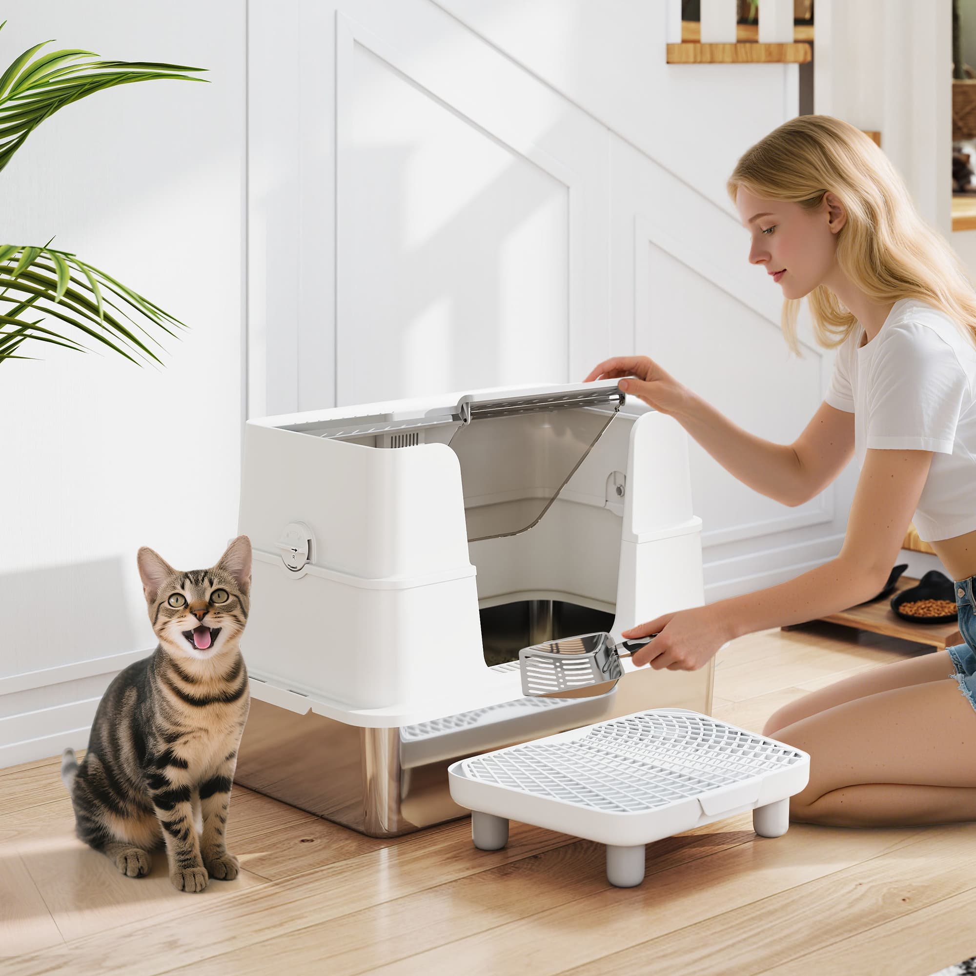 XL Stainless Steel Litter Box W Flip Top, Scoop, Step, Top & Side Entry Enclosed Litter Box For Big Cats