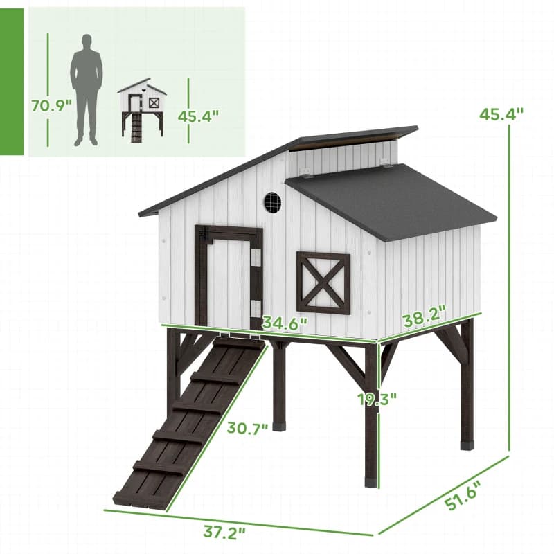 PawHut Chicken Coop Hen House With Nesting Box, Elevated Rabbit Hutch With Ramp, Asphalt Openable Roof And Elevated Legs