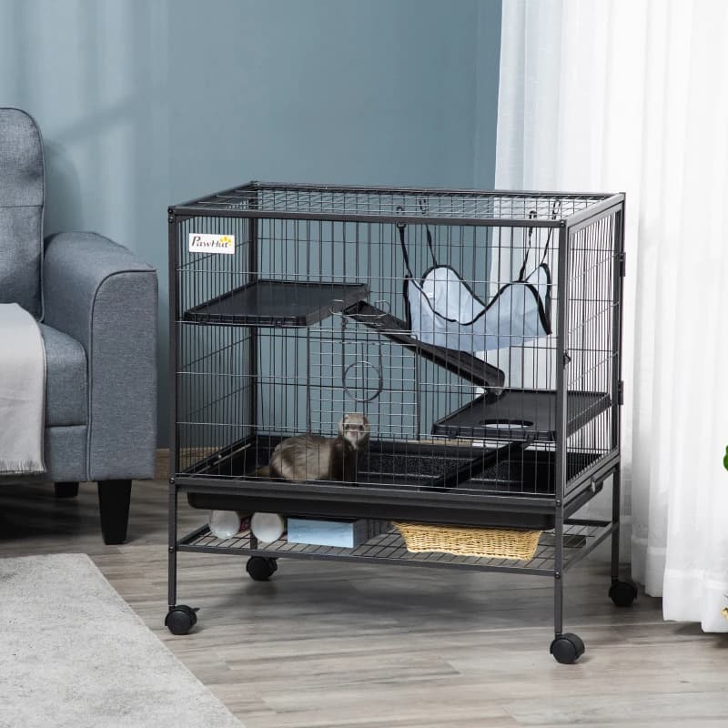 Small Animal Cage With Wheels, Pet Playpen For Rat, Syrian Hamster, Kitten, Ferrets, Chinchillas With Bottom Storage Shelf, Removable Tray, Ramp