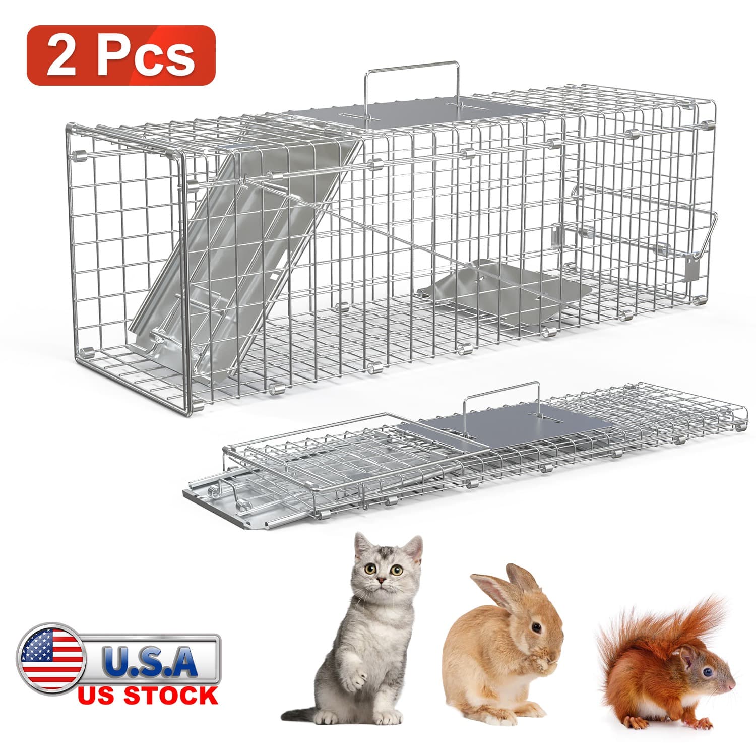 2Pcs 24X7.48X8.27IN Folding Humane Live Animal Trap Cages Easy To Catch And Release Foldable Cat Trap Galvanized Steel For Small Cats Squirrels Rabbits Hedgehog Chipmunk