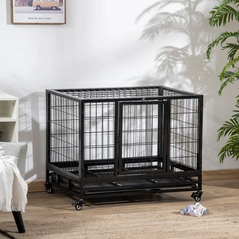 PawHut Heavy Duty Dog Crate With Removable Tray, Lockable Wheels And Double Door, For Medium And Large Dogs, Black