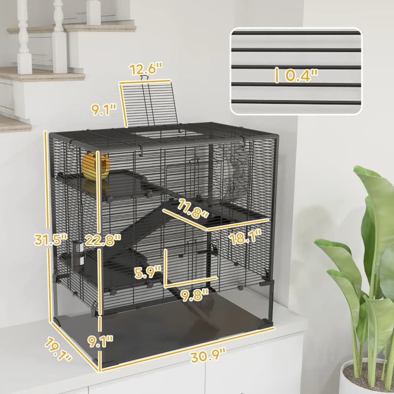 4 Tier Hamster Cage With Deep Tempered Glass Bottom, Running Wheel, Hut, Water Bottle, Food Dish,