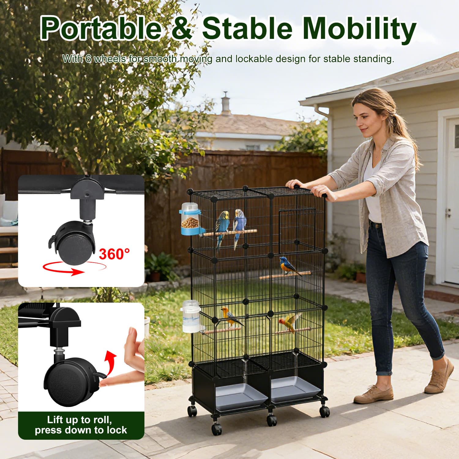 1Pc 46in Bird Cage Spacious Indoor Pet Bird House With 4 Wooden Perches 2 Slide-Out Tray 2 Water Bottle Feeder Lockable Wheels For Parrot Parakeets Cockatiel Lovebird Small Mid-Sized Birds