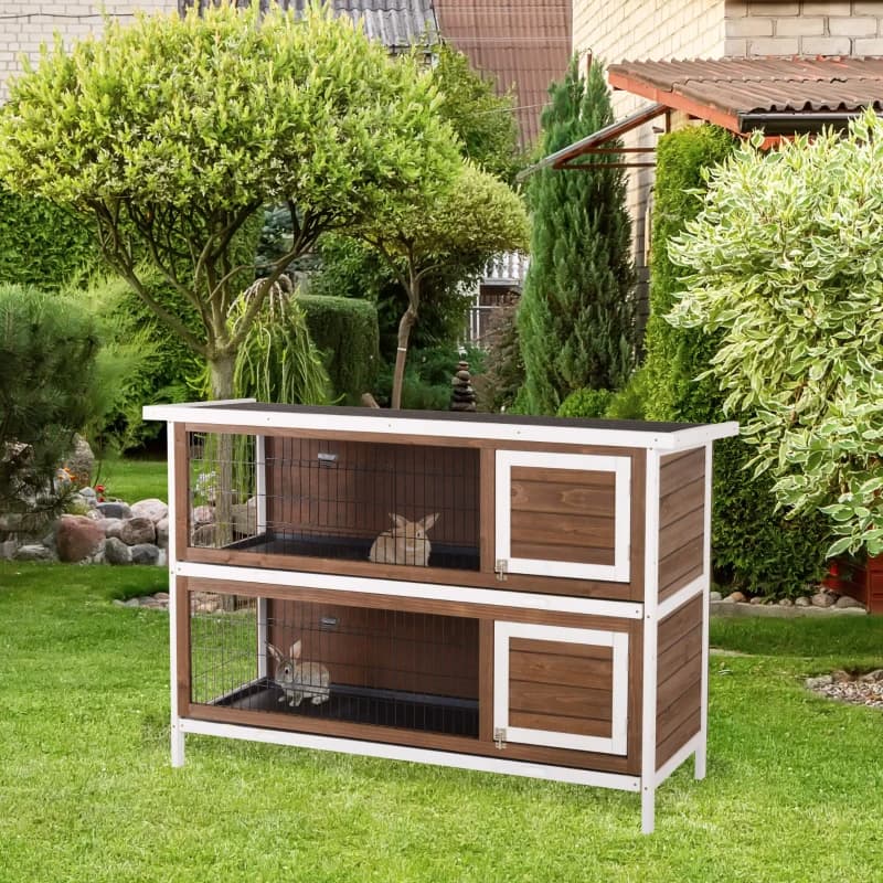 PawHut Wooden Rabbit Hutch Dividers Asphalt Roof For Small Animals & Outdoors, Brown