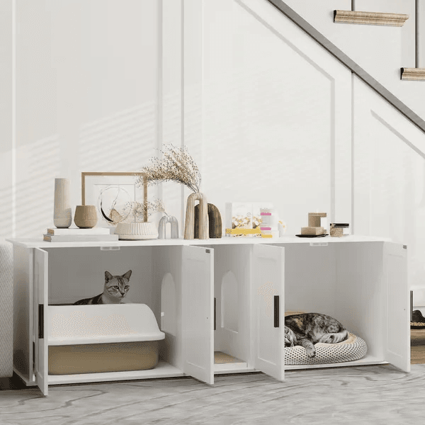 Cat Litter Box Enclosure With Double Room, Scratching Mat For 2 Cats