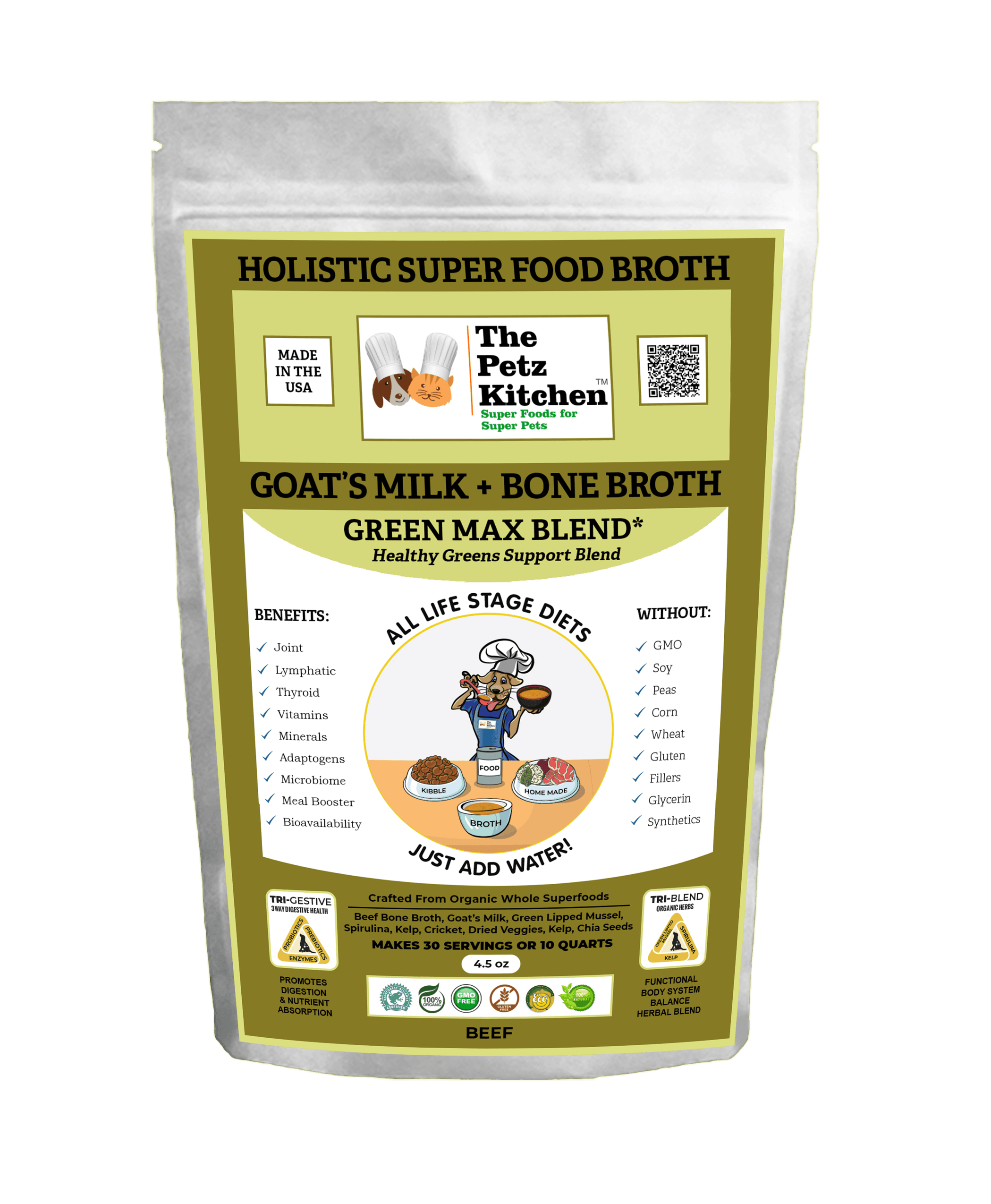 Goats Milk + Bone Broth Green Max Blend* Omega 3 & 6 Vitamin & Mineral Support* The Petz Kitchen Dog & Cat
