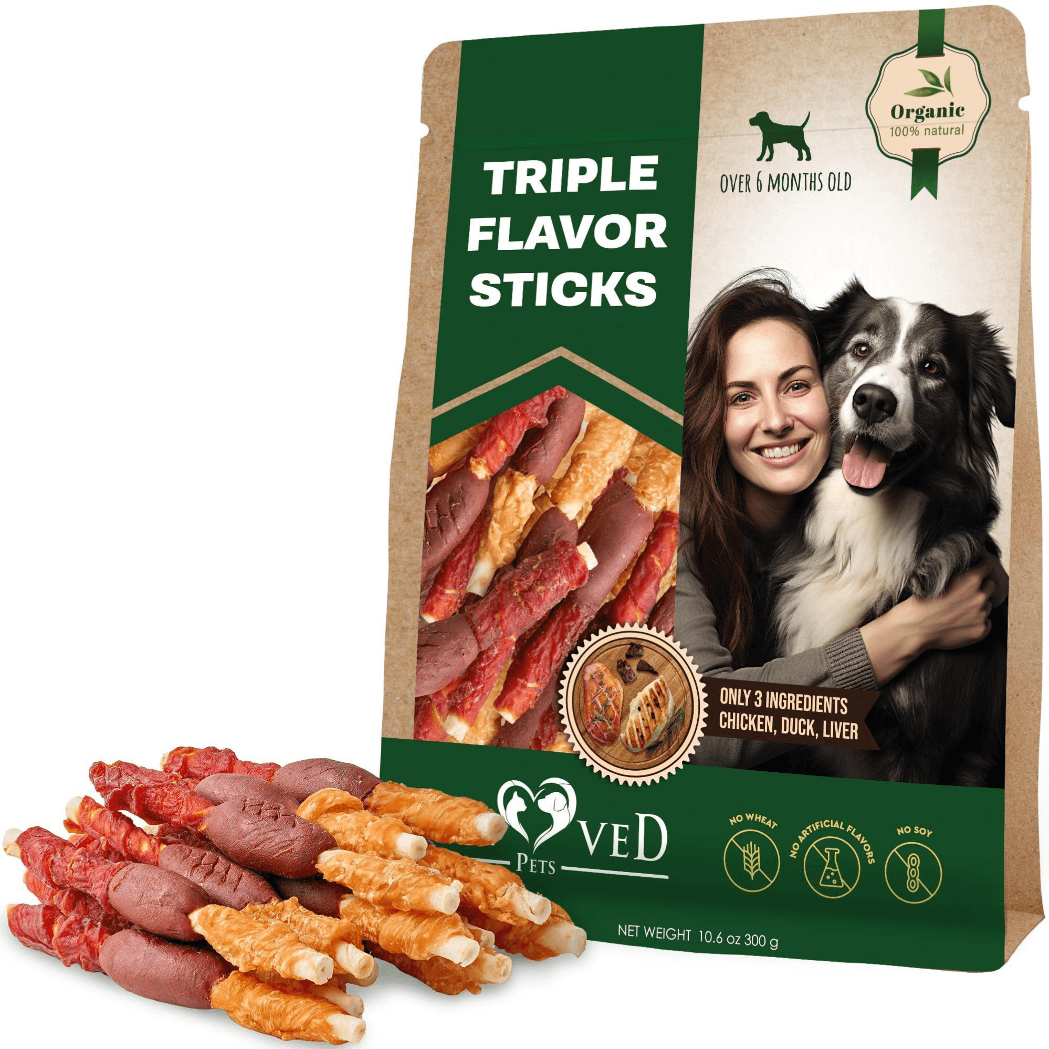 Triple Flavor Dog Rawhide Treats Duck & Chicken Human Grade Meat Natural & Organic Pet Dried Snacks Grain Free Long Lasting Chews for Large & Small Do